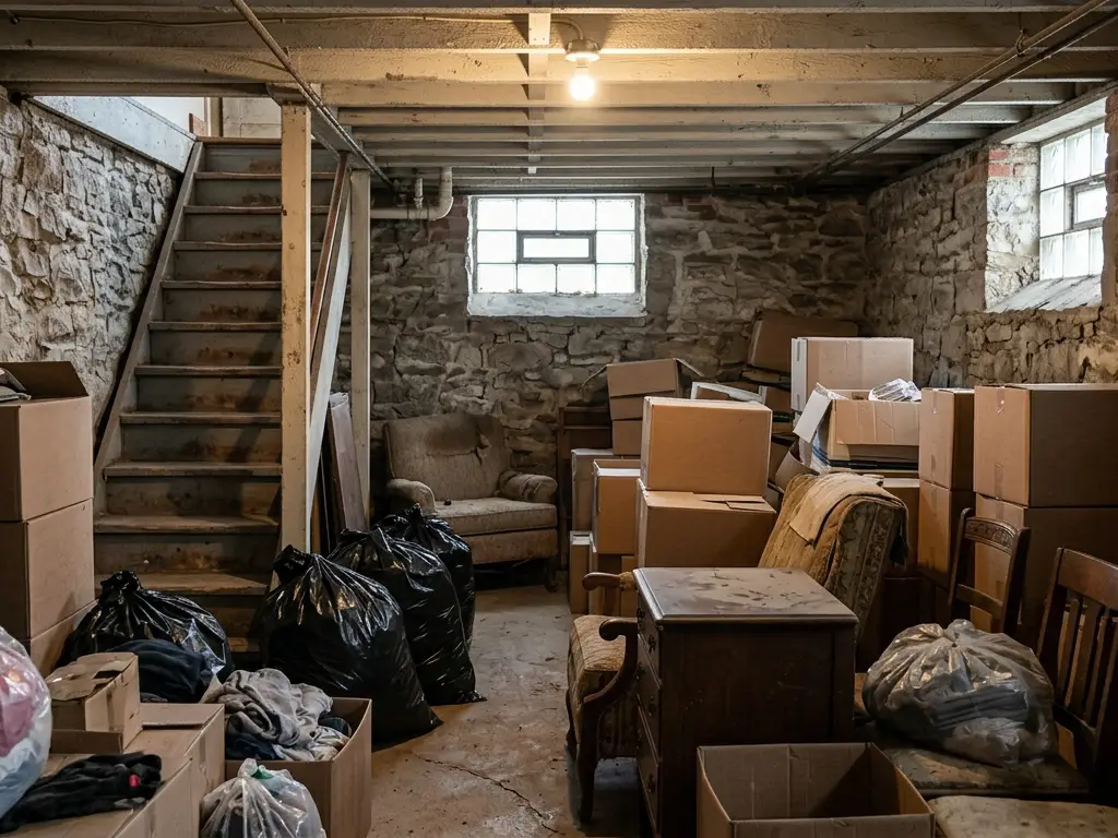 Cluttered basement with limestone walls and a narrow stair under an older house in St. Louis, MO, the kind of space an occupancy inspector must reach