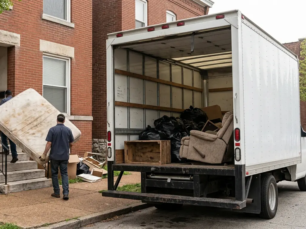Unmarked cleanout box truck at the curb of a brick two-family flat on a tree-lined street in St. Louis, MO