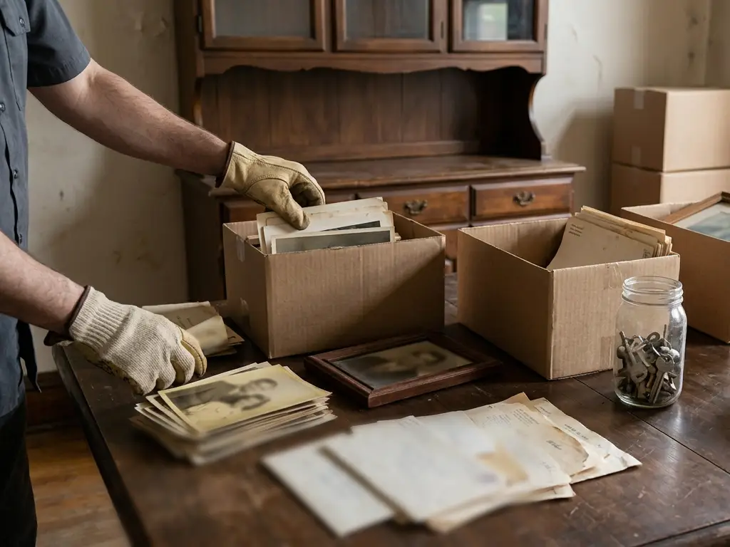 Hands sorting old photographs and paperwork into keep and donate boxes during a house cleanout in St. Louis, MO