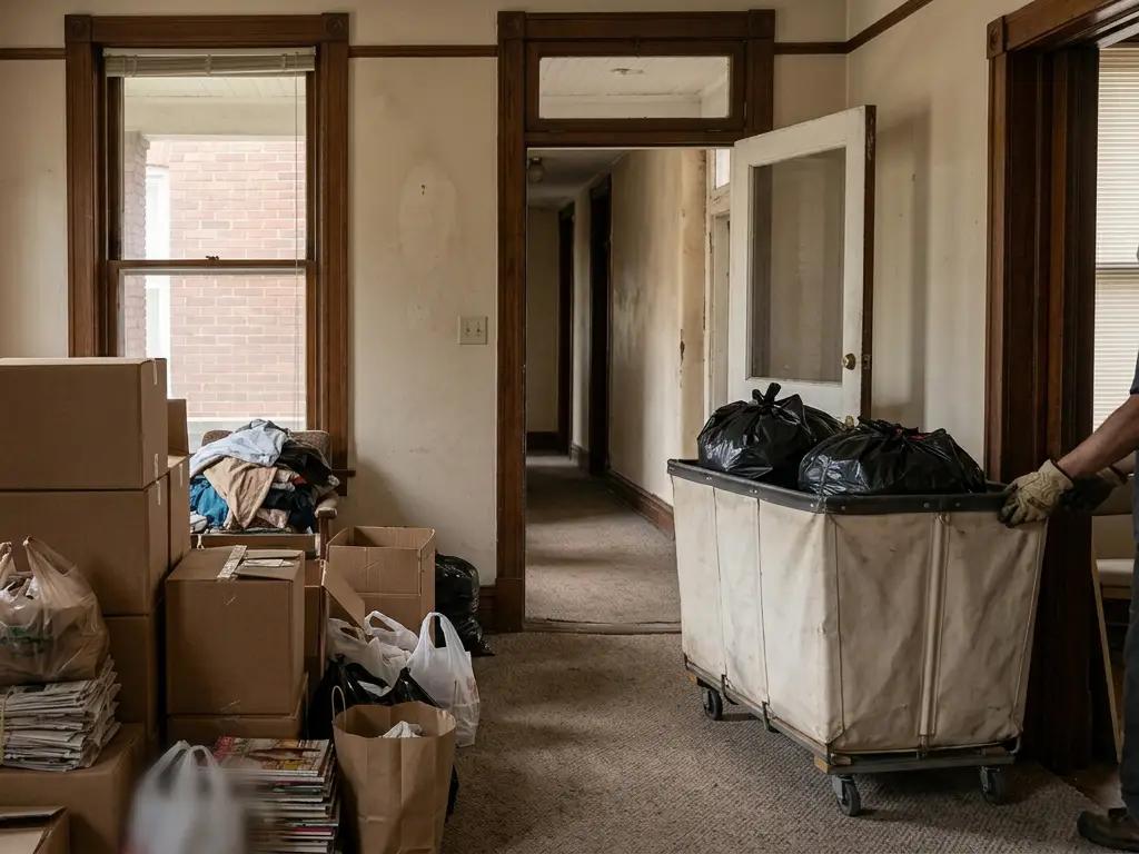 Apartment living room in St. Louis, MO with stacked boxes, bags and magazines filling the floor around a narrow path