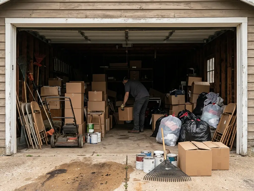 Packed garage with boxes, lawn equipment and paint cans being cleared, the kind of cleanout common in O'Fallon, MO