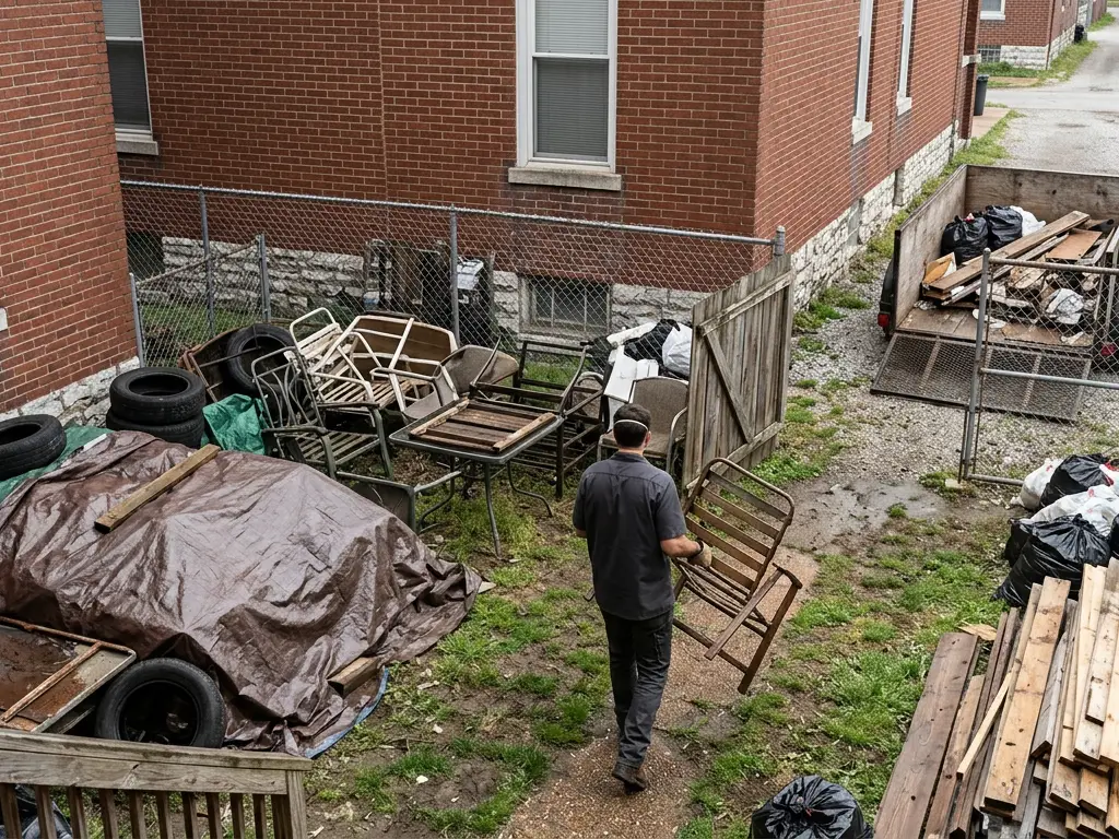 Cluttered back yard of a brick flat in St. Louis, MO with tarp-covered piles and a trailer at the alley gate during a code violation cleanup