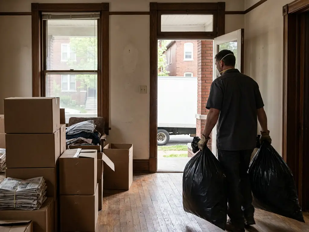 Cleanout worker carrying contractor bags out of a cluttered front room of an older red-brick home in St. Louis, MO, with a box truck at the curb
