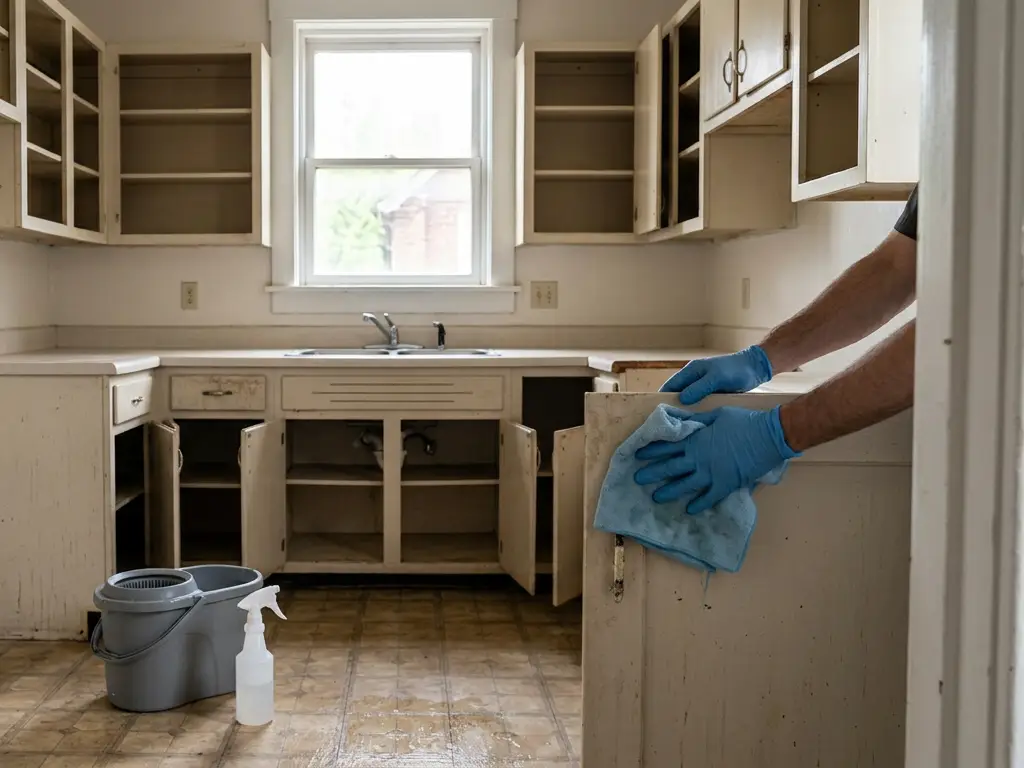 Gloved hands wiping kitchen cabinets in a cleared house in Ballwin, MO after a cleanout, before the occupancy inspection