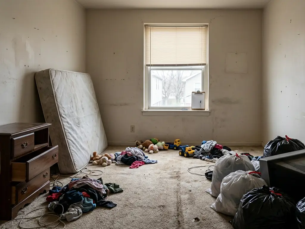 Bedroom of an evicted rental unit in St. Louis County, MO with furniture, clothing and bagged trash left near the door
